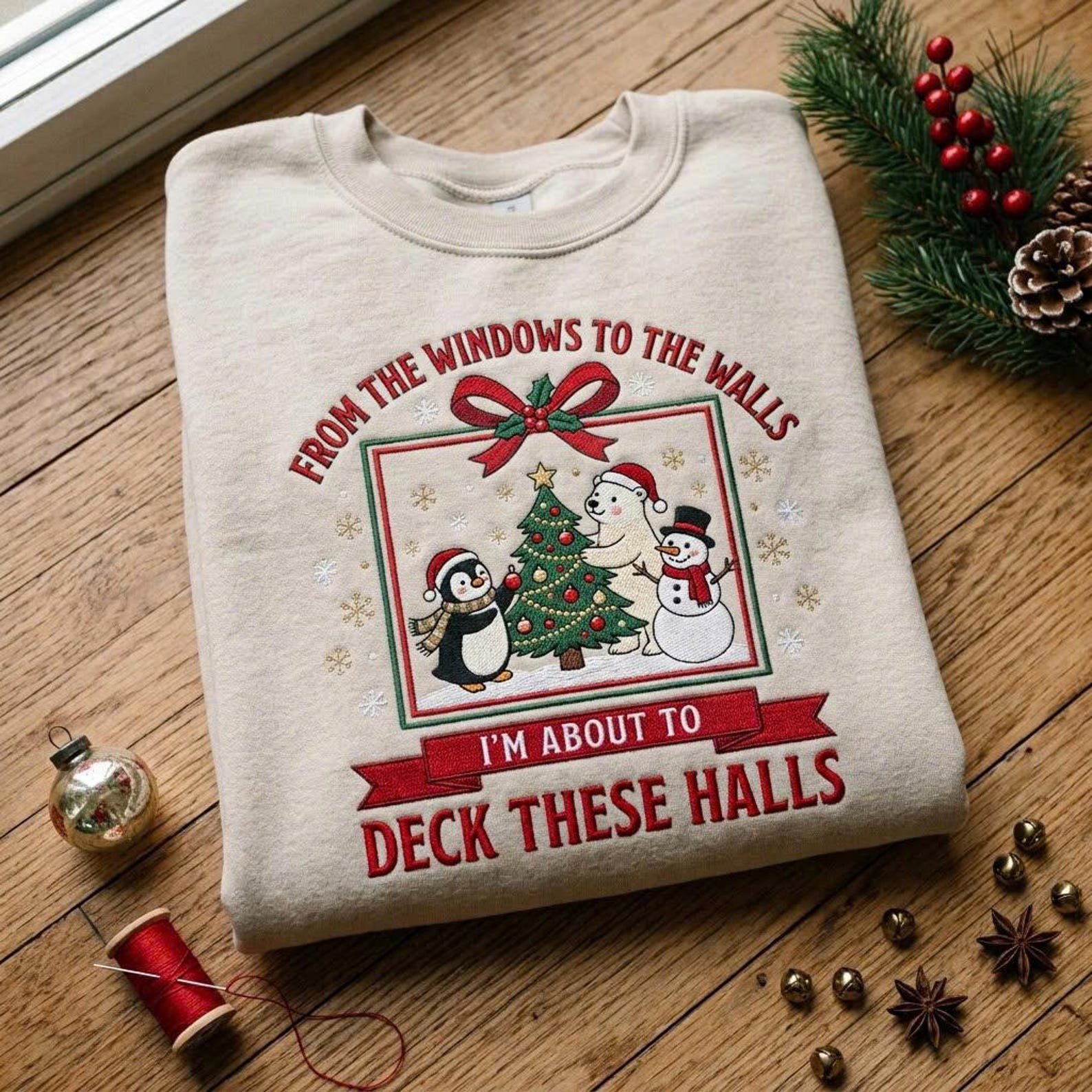 Deck These Halls Embroidered Sweatshirt, Funny Christmas Crewneck, Holiday Penguin Snowman Polar Bear Shirt, Festive Xmas Gift 3