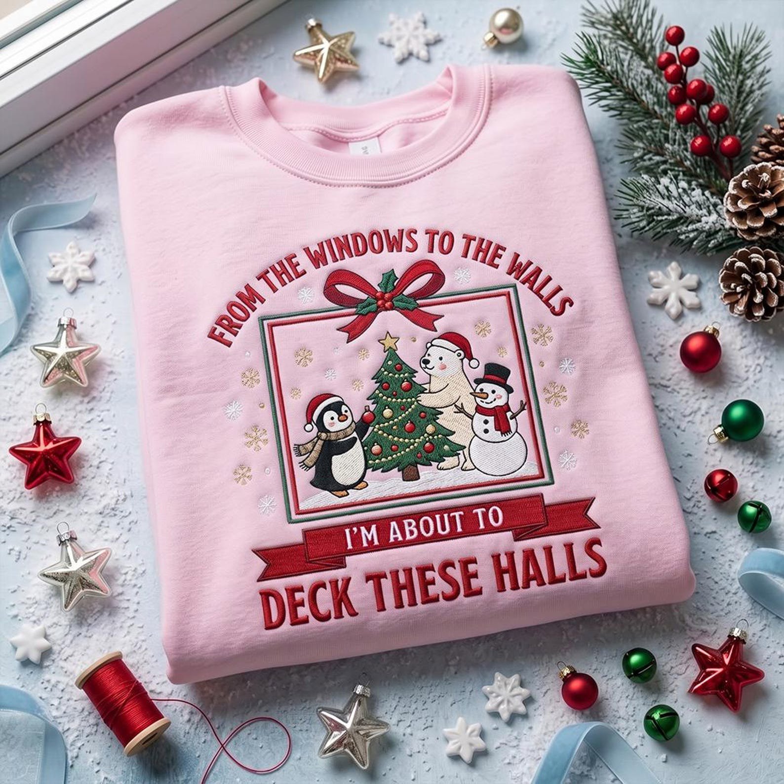 Deck These Halls Embroidered Sweatshirt, Funny Christmas Crewneck, Holiday Penguin Snowman Polar Bear Shirt, Festive Xmas Gift 2