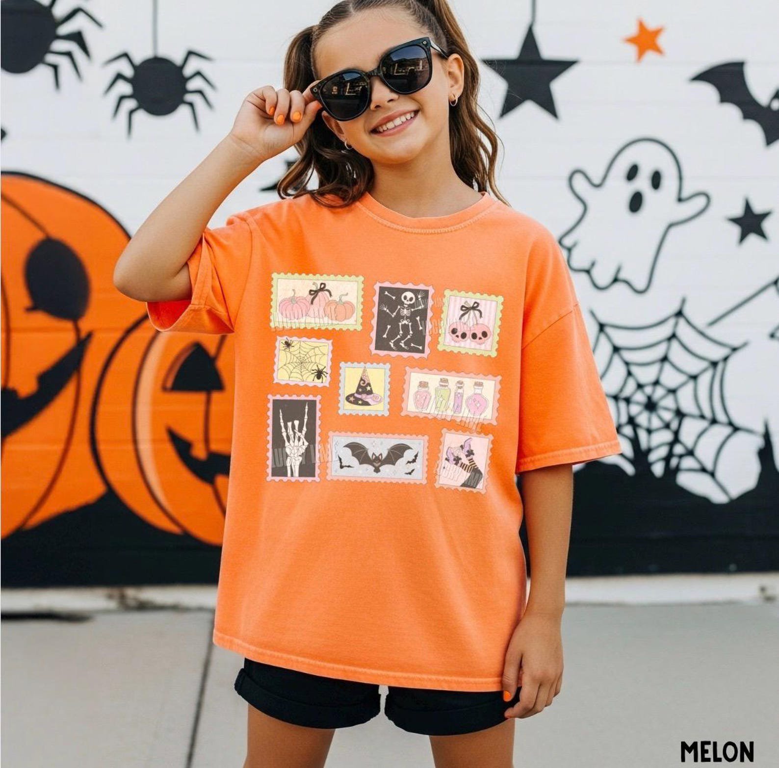 Kids Halloween Shirt, Ghost Halloween Shirt, Pumpkin Cat Shirt, Preppy Halloween Tee, Girls Retro Halloween Tee, Youth Spooky Season Tshirt 3