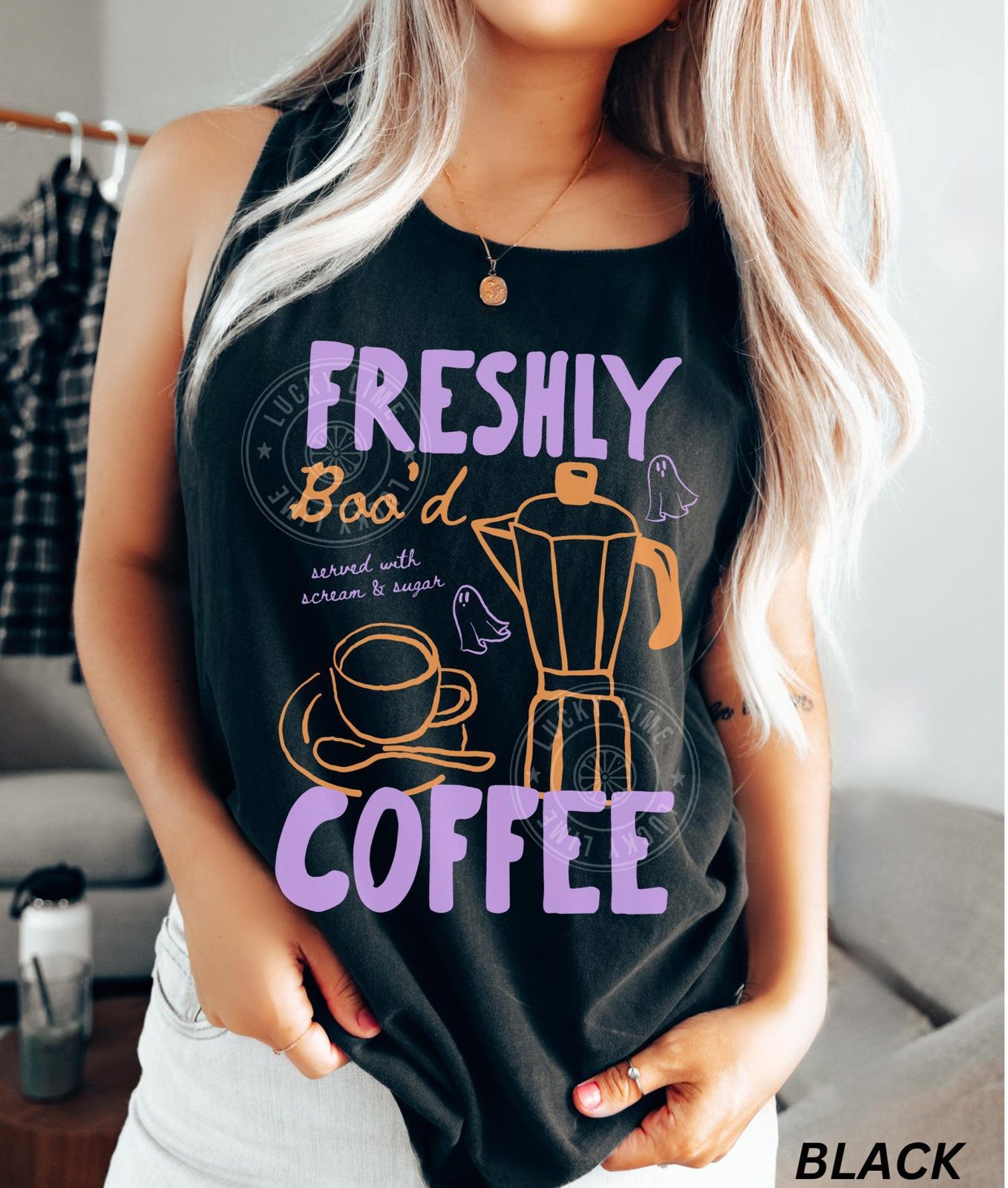 Comfort Colors® Halloween Tank Top, Freshly Boo’d Coffee Shirt, Cute Ghost Shirt, Skeleton Halloween, Coffee Lover Gift, Spooky Season Tank 1