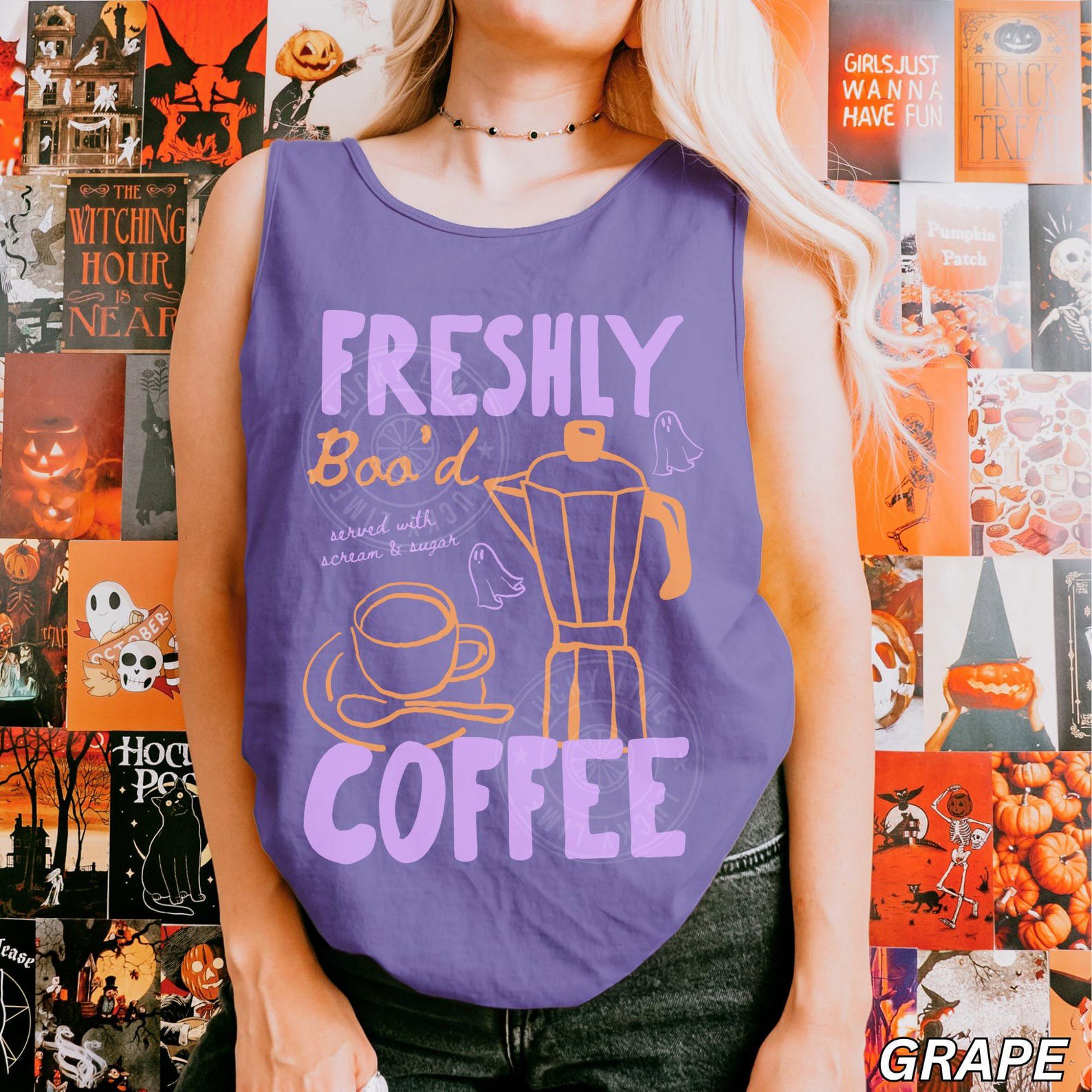 Comfort Colors® Halloween Tank Top, Freshly Boo’d Coffee Shirt, Cute Ghost Shirt, Skeleton Halloween, Coffee Lover Gift, Spooky Season Tank 3