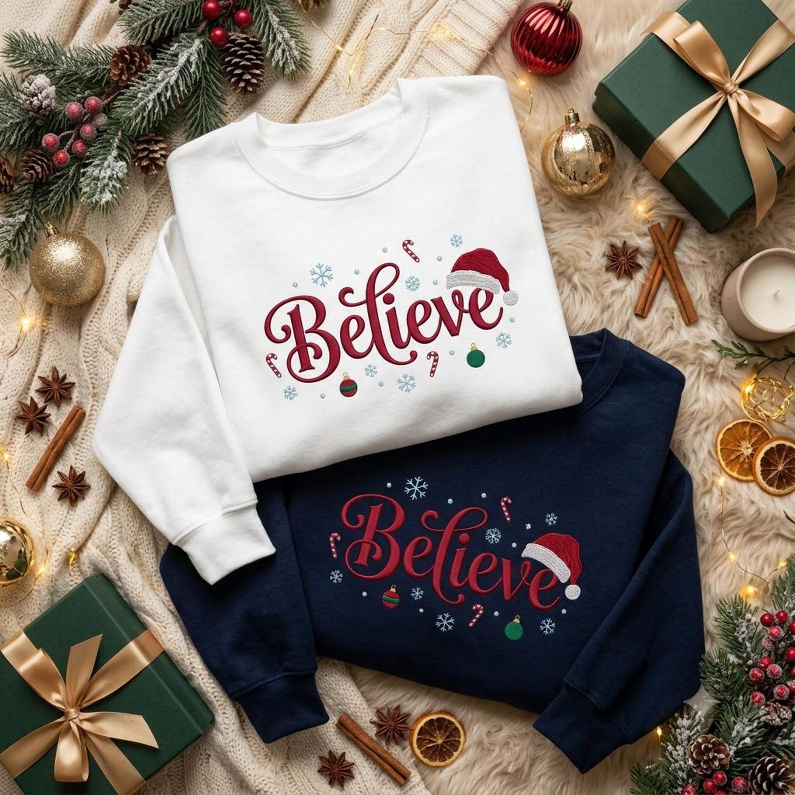 Believe Christmas Embroidered Sweatshirt, Santa Hat Holiday Crewneck, Festive Snowflake Candy Cane Shirt, Cozy Christmas Gift 2
