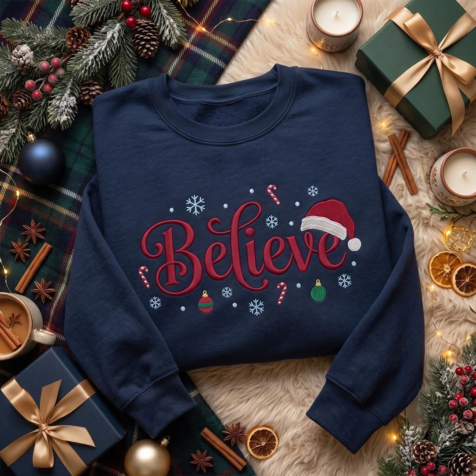 Believe Christmas Embroidered Sweatshirt, Santa Hat Holiday Crewneck, Festive Snowflake Candy Cane Shirt, Cozy Christmas Gift 4