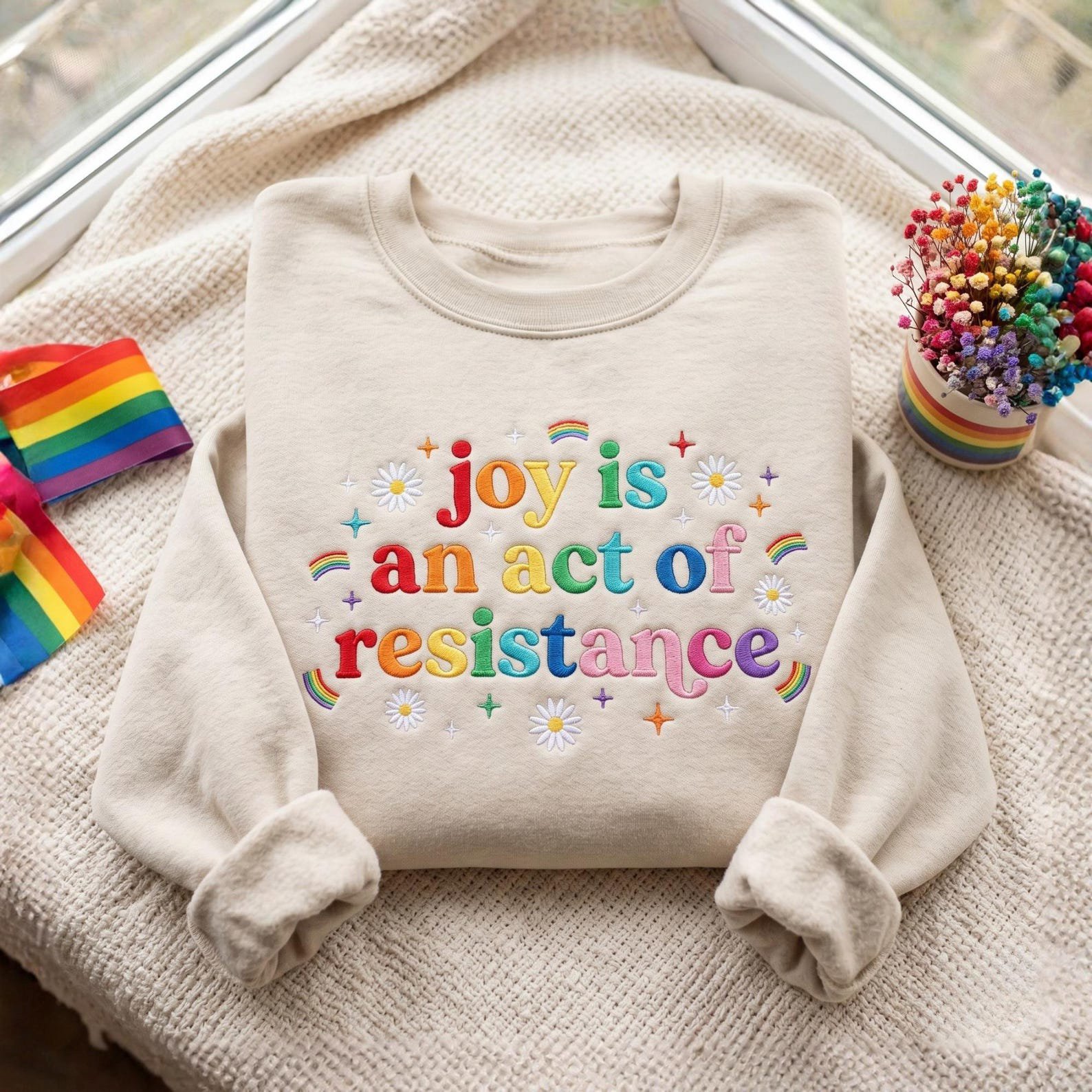 Embroidered Joy Is An Act Of Resistance Sweatshirt, Pride Month, LGBTQ All, Human Rights Shirt 3