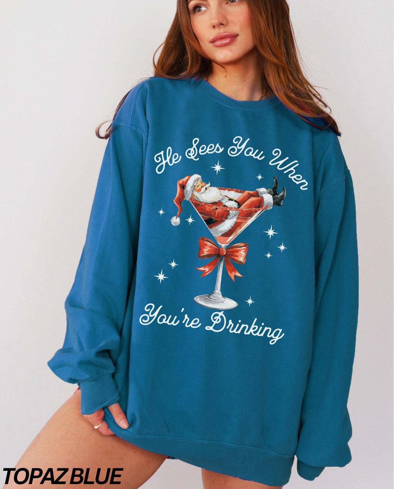 Funny Santa Sweatshirt, He Sees You When Your’e Drinking Shirt, Making Spirits Bright, Full of Holiday Spirit, Comfort Colors® Sweatshirt 5