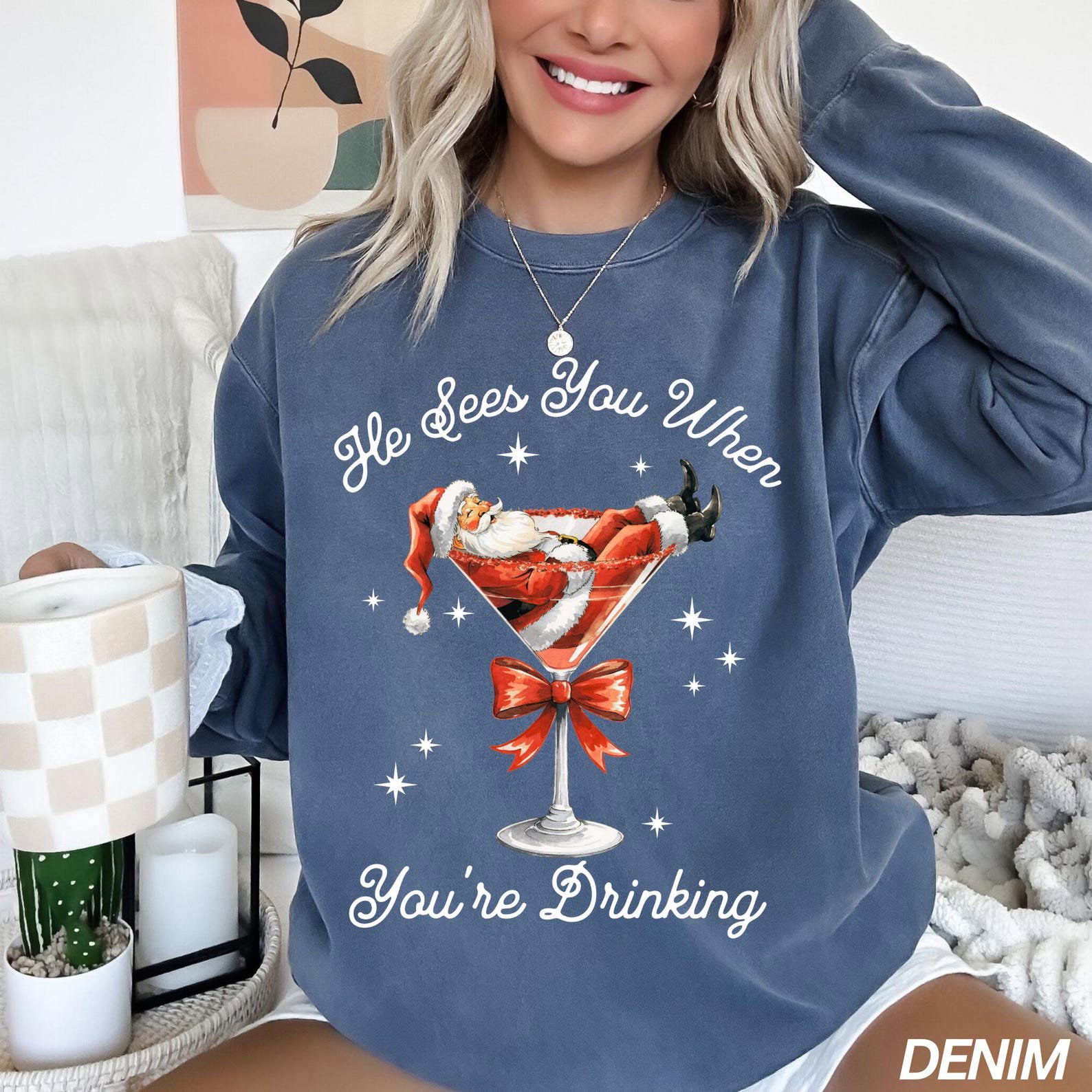 Funny Santa Sweatshirt, He Sees You When Your’e Drinking Shirt, Making Spirits Bright, Full of Holiday Spirit, Comfort Colors® Sweatshirt 8