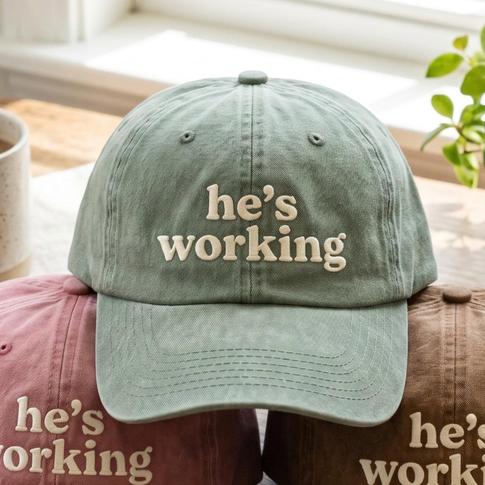 Embroidered He's Working Hat, Wife Gift From Husband, Coworker Cap, Funny Wife Snapback 3