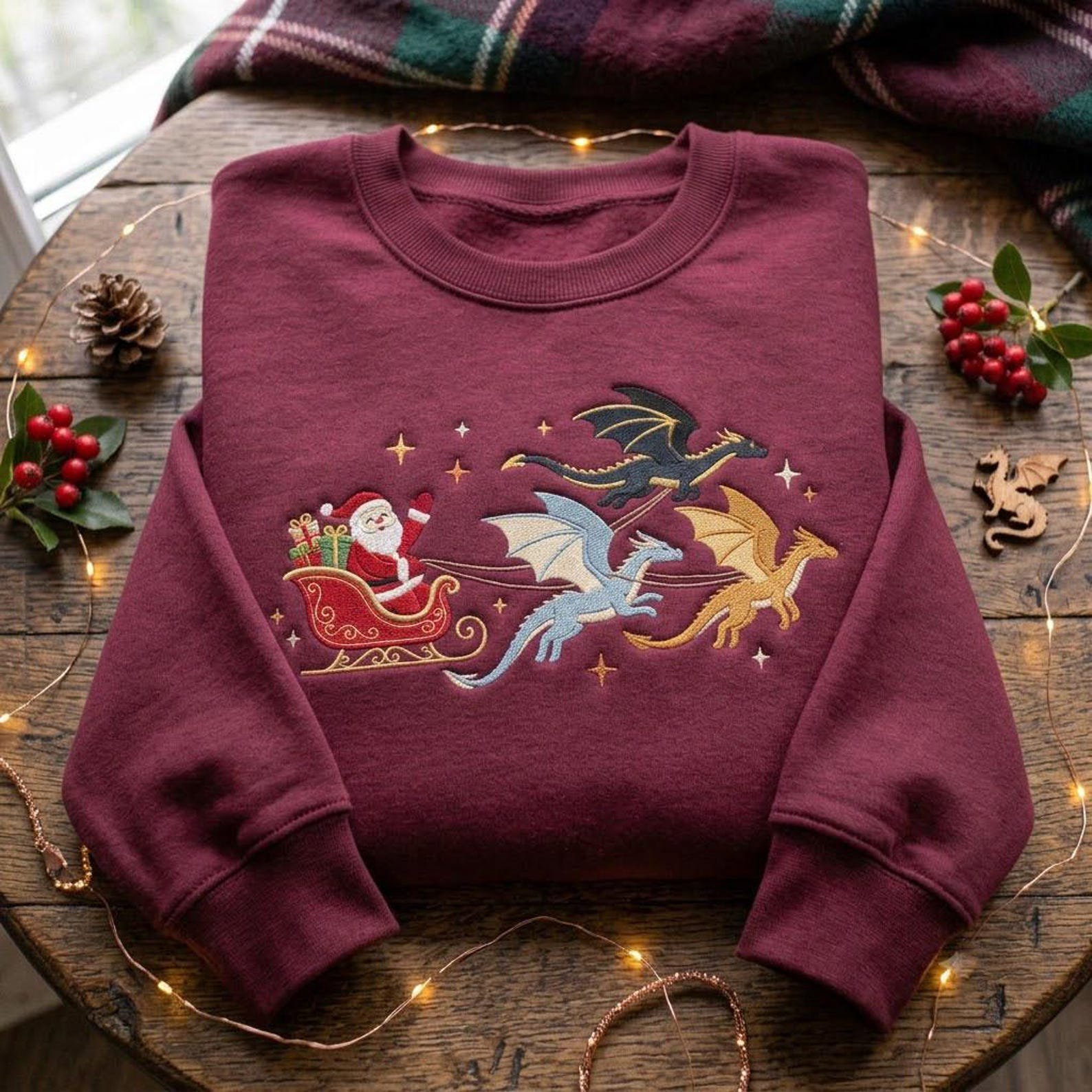 Christmas Dragon Embroidered Sweatshirt, Santa Sleigh Fantasy Crewneck, Magical Dragon Christmas Shirt, Holiday Fantasy Gift 3