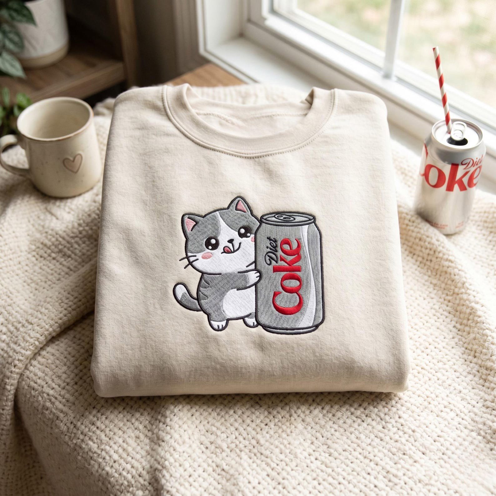 Embroidered Cat Diet Coke Sweatshirt, Soda Lovers Shirt, Diet Coca Merch Gifts 3