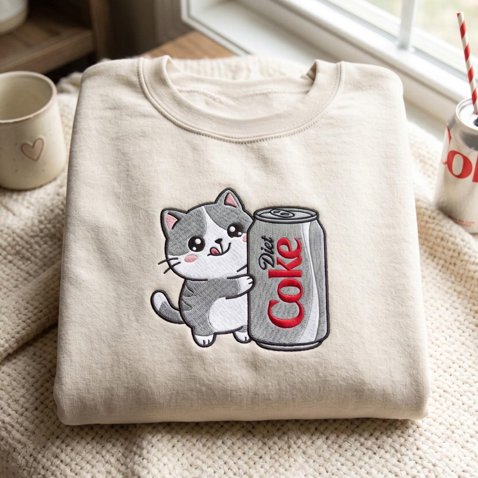 Embroidered Cat Diet Coke Sweatshirt, Soda Lovers Shirt, Diet Coca Merch Gifts 1