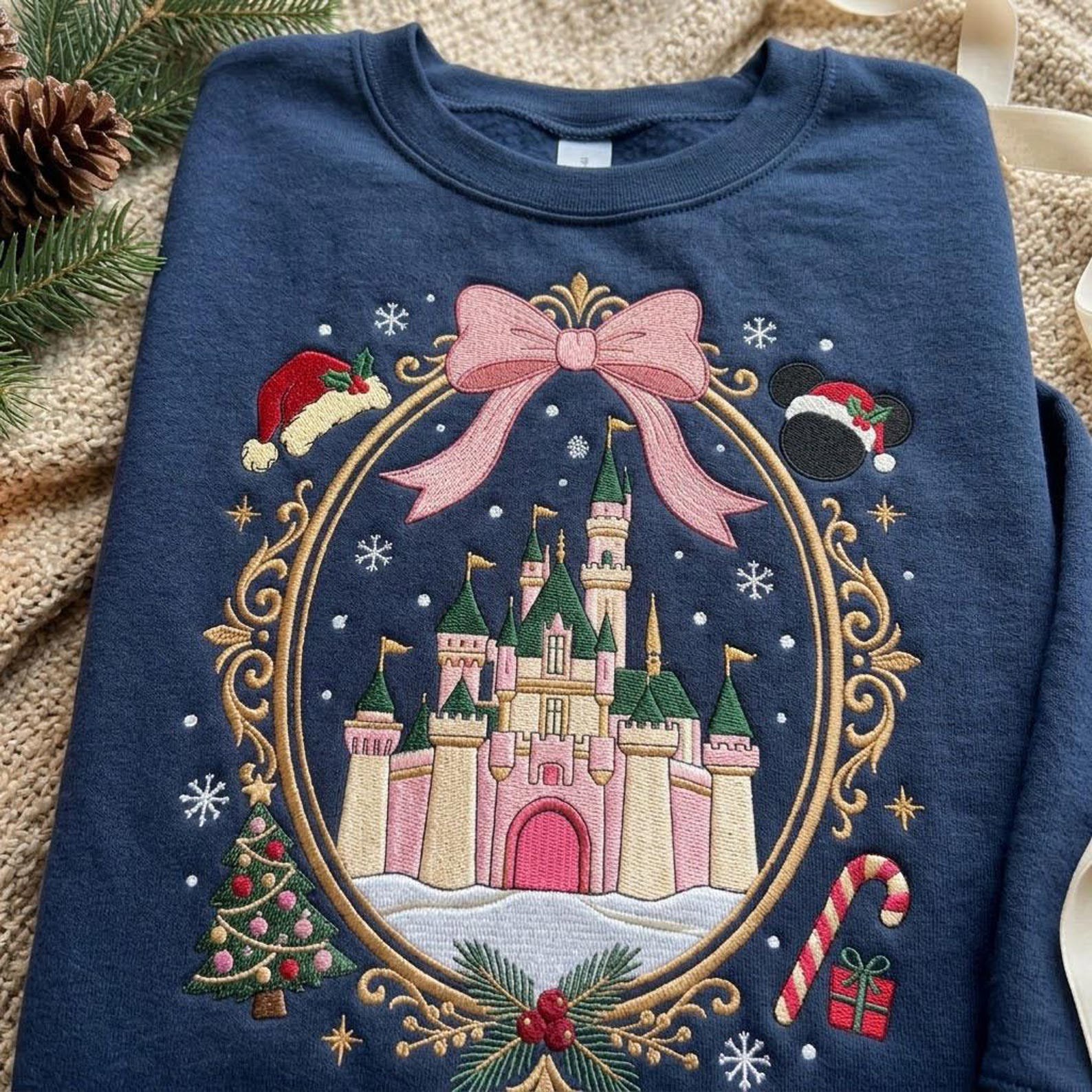 Magical Christmas Castle Embroidered Sweatshirt, Holiday Theme Park Crewneck, Pink Bow Castle Shirt, Christmas Vacation Gift 2