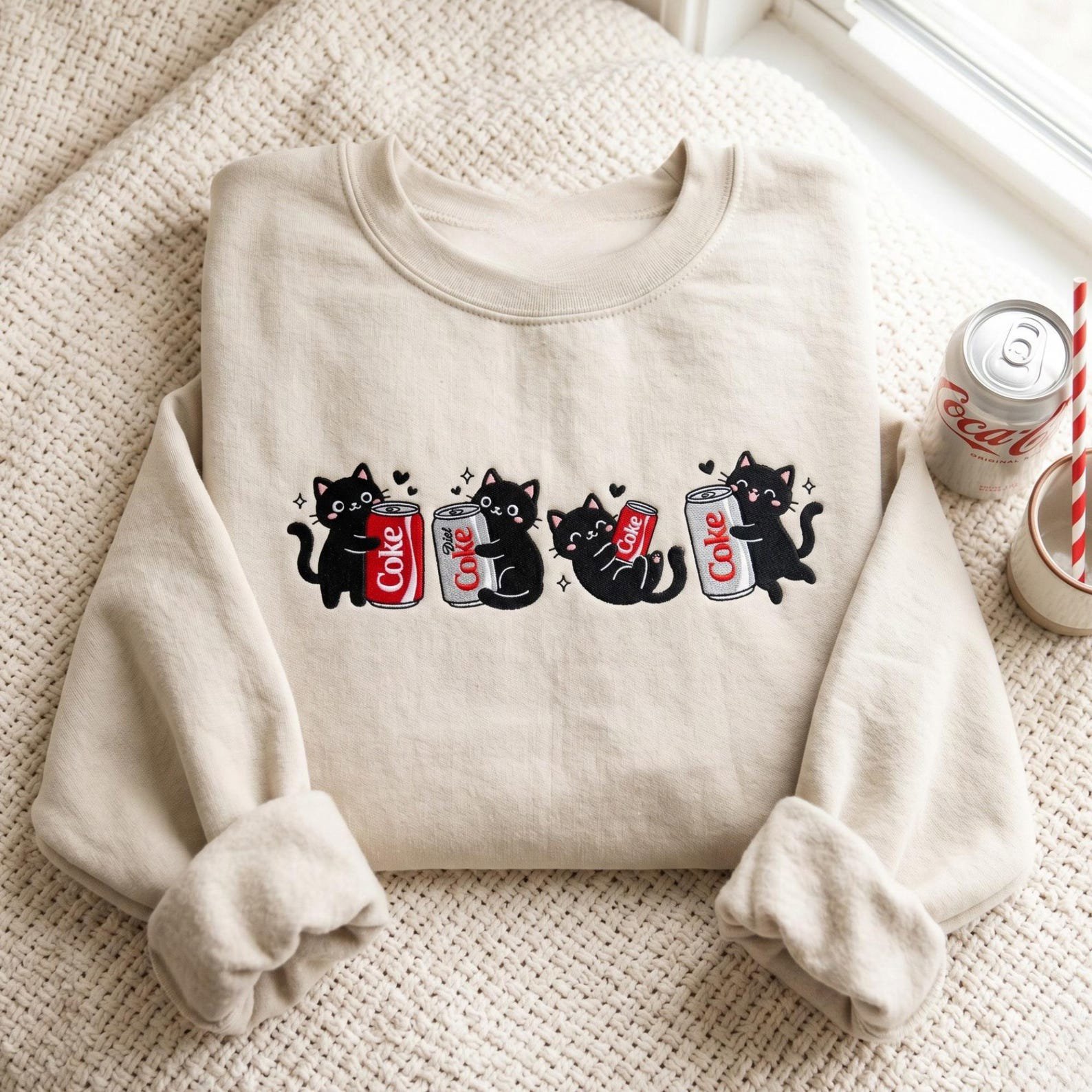 Embroidered Diet Coke Black Cat Sweatshirt, Shirt For Soda Lovers, Cat Mom Tee 1