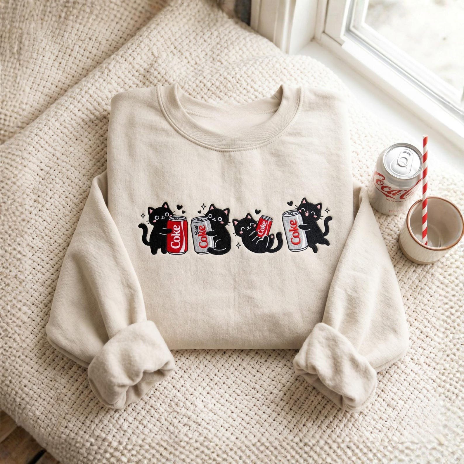 Embroidered Diet Coke Black Cat Sweatshirt, Shirt For Soda Lovers, Cat Mom Tee 3