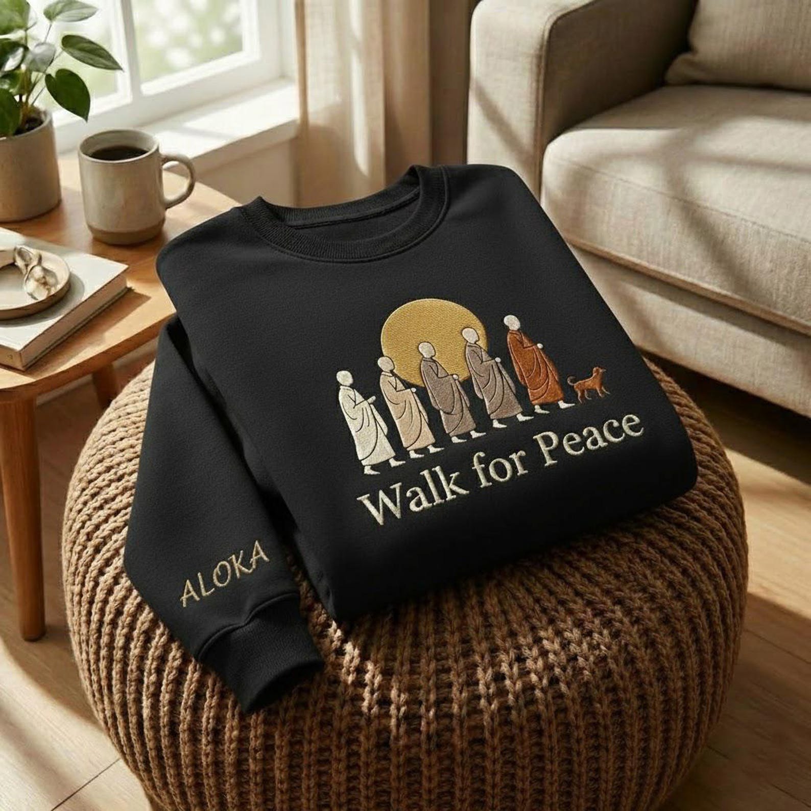 Embroidered Walk for Peace Monk Sweatshirt, Peace Walking Monks with Aloka Dog Sweatshirt, Buddhist Monks Compassion Shirt 2