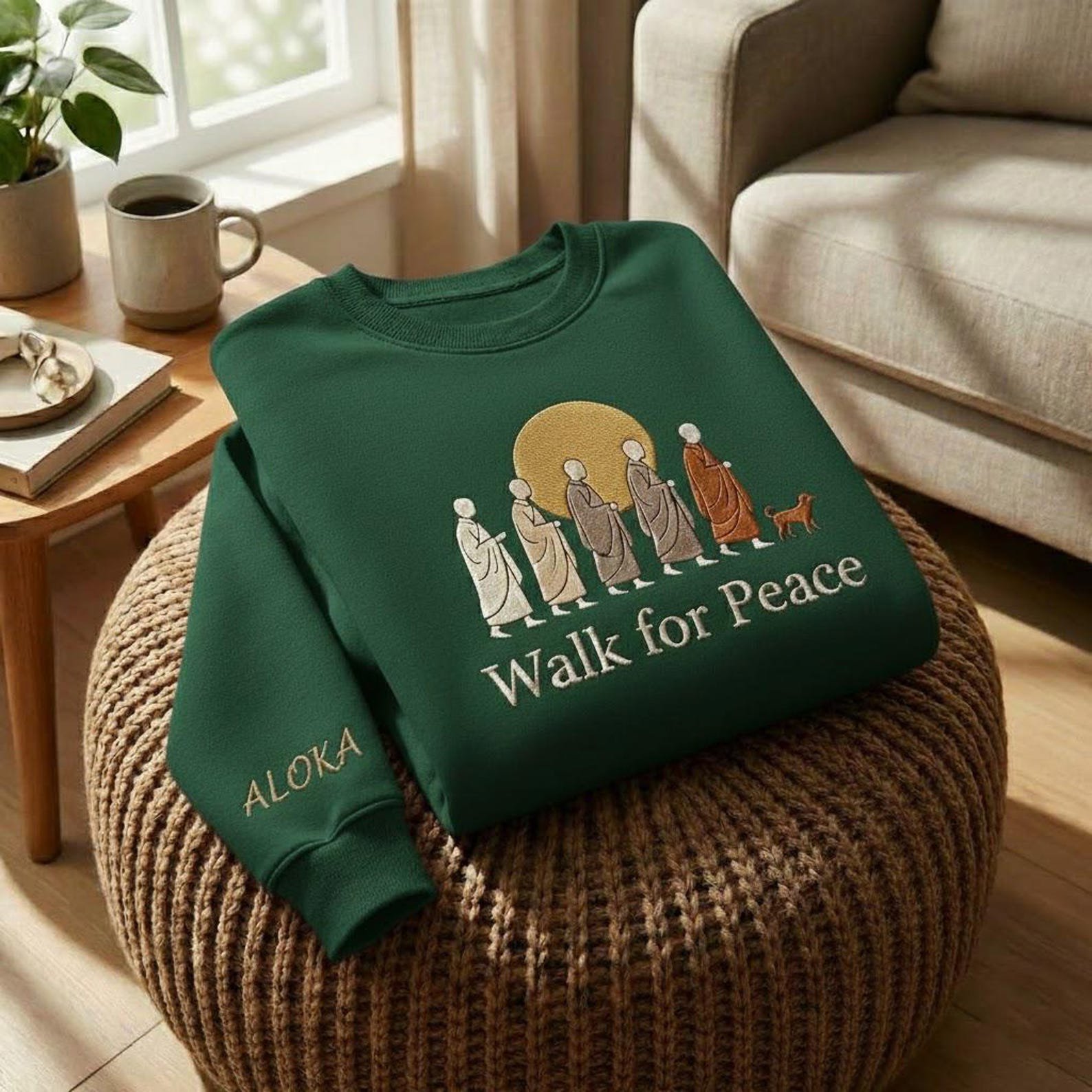 Embroidered Walk for Peace Monk Sweatshirt, Peace Walking Monks with Aloka Dog Sweatshirt, Buddhist Monks Compassion Shirt 3