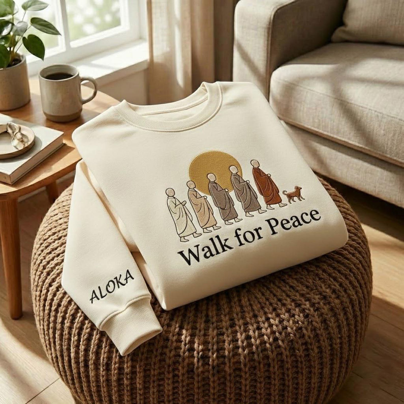 Embroidered Walk for Peace Monk Sweatshirt, Peace Walking Monks with Aloka Dog Sweatshirt, Buddhist Monks Compassion Shirt 4