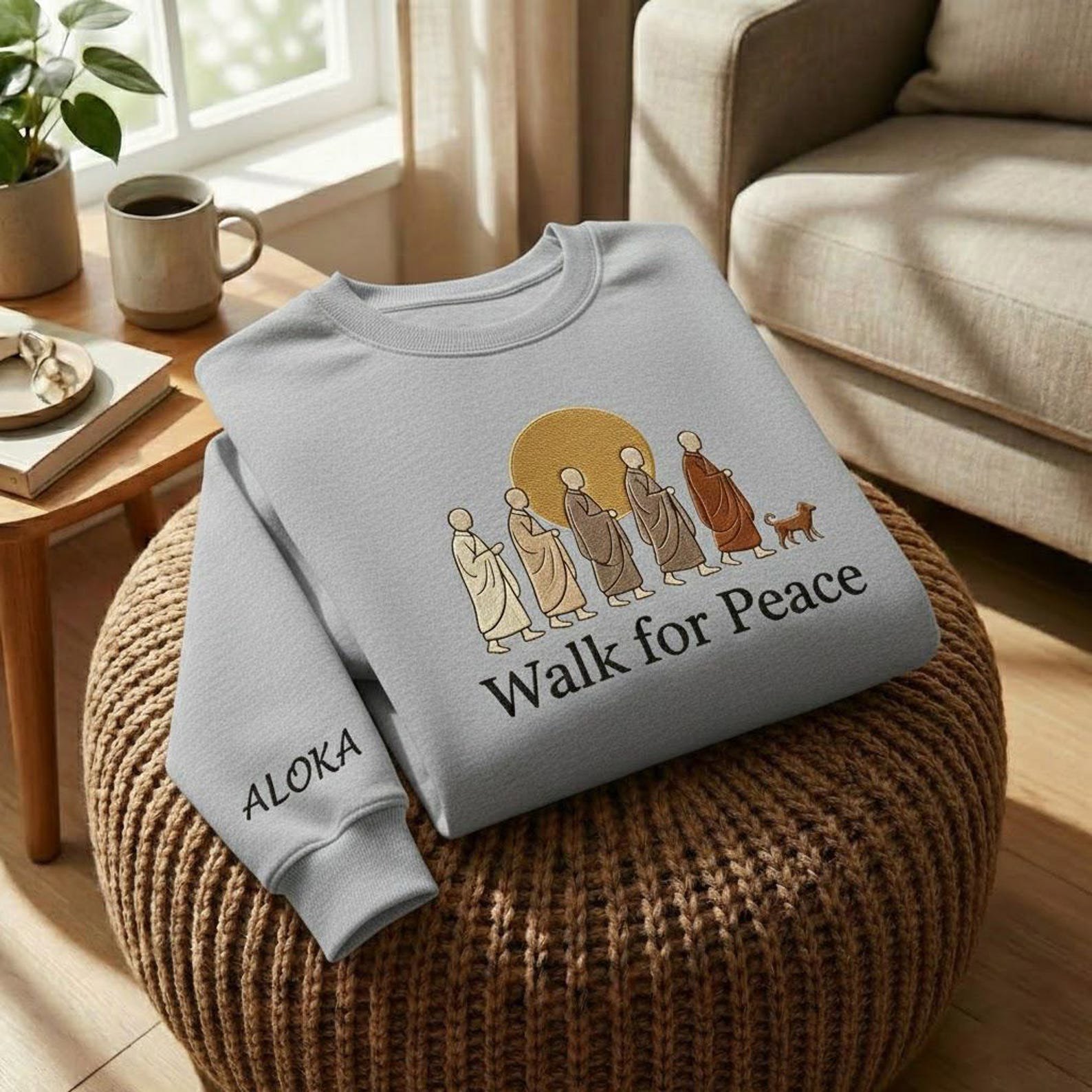 Embroidered Walk for Peace Monk Sweatshirt, Peace Walking Monks with Aloka Dog Sweatshirt, Buddhist Monks Compassion Shirt 5