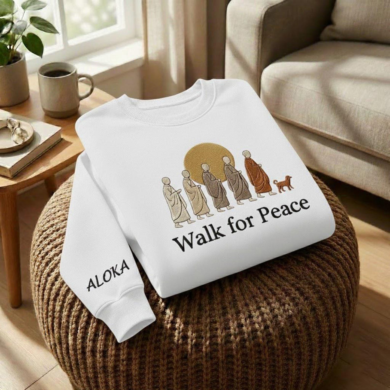 Embroidered Walk for Peace Monk Sweatshirt, Peace Walking Monks with Aloka Dog Sweatshirt, Buddhist Monks Compassion Shirt 6