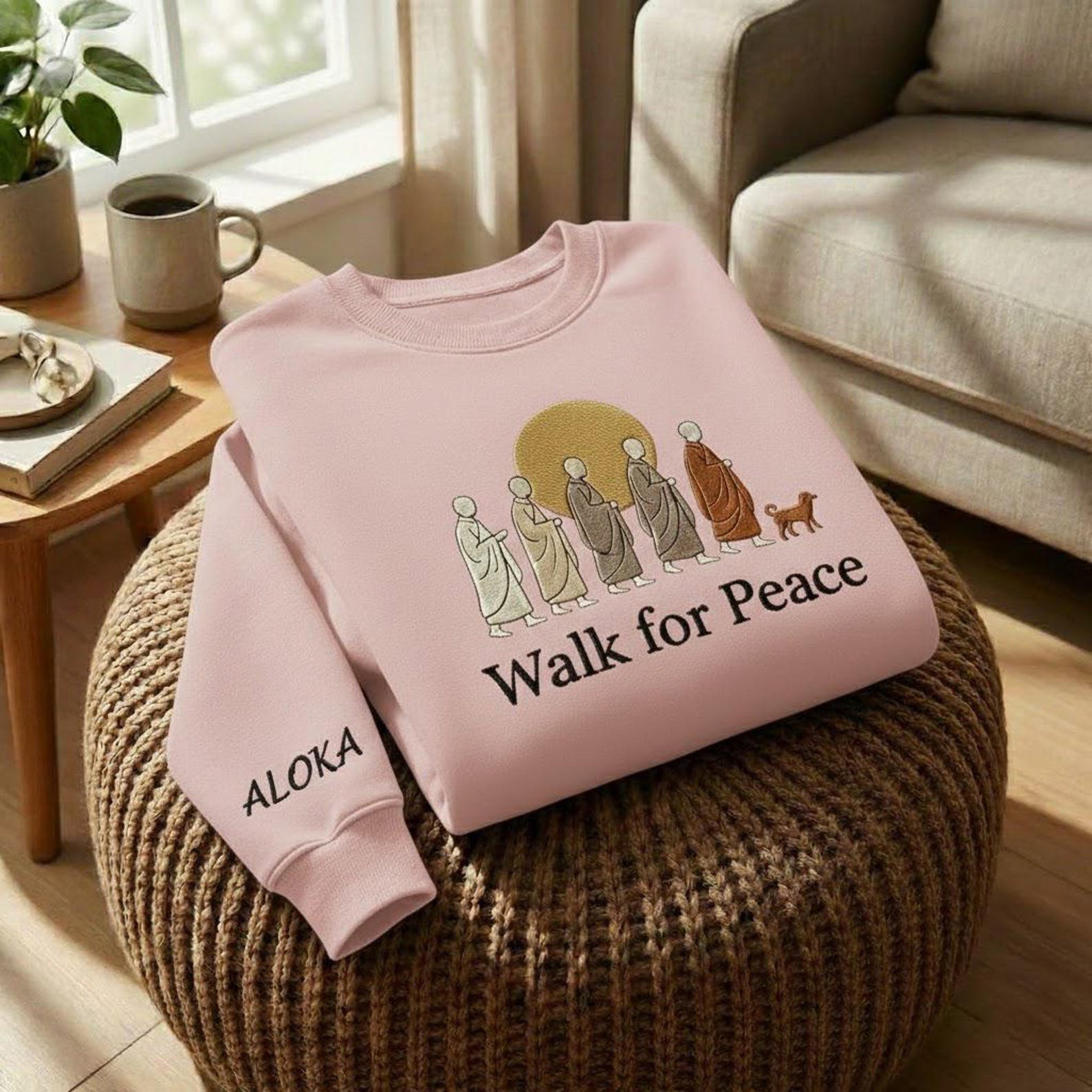 Embroidered Walk for Peace Monk Sweatshirt, Peace Walking Monks with Aloka Dog Sweatshirt, Buddhist Monks Compassion Shirt 7