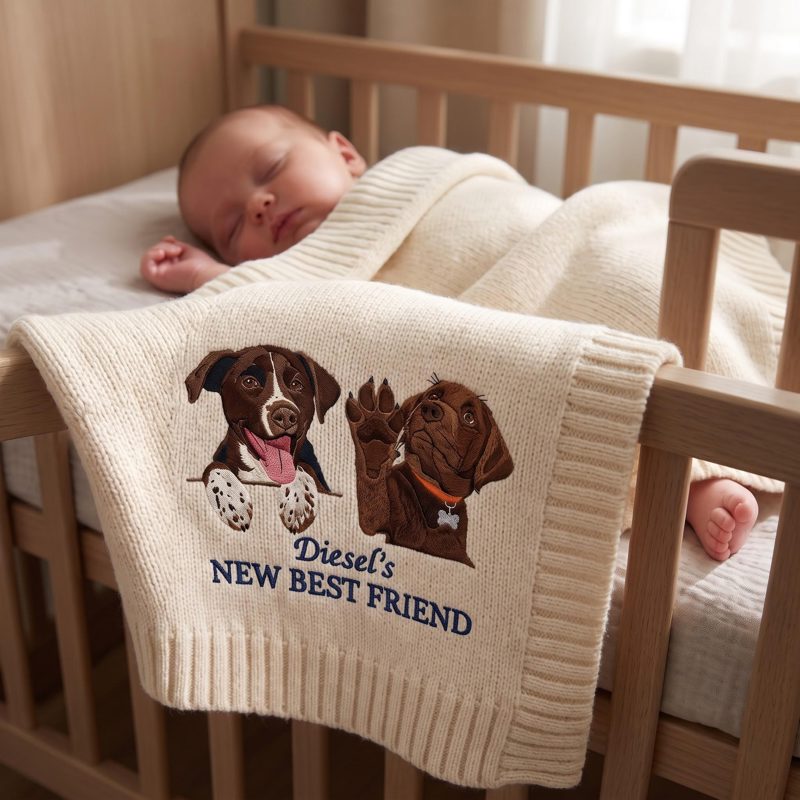 Custom Embroidered Dog Portrait Baby Blanket, Personalized Pet Photo Nursery Throw, New Best Friend Pet Pregnancy Gift, Pet Lover Baby Gift