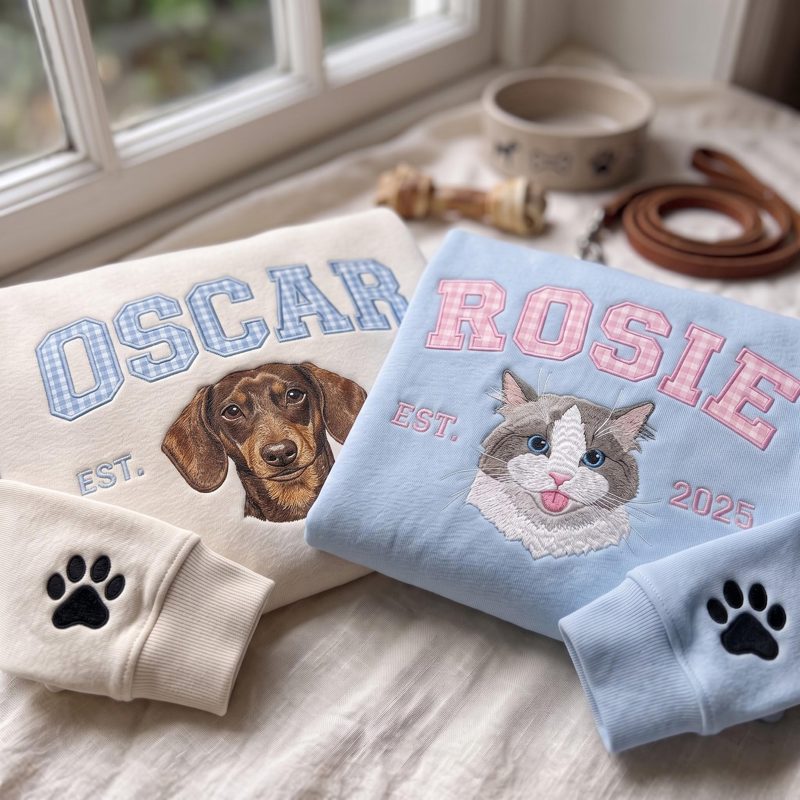 Embroidered Custom Gingham Dog Sweatshirt, Personalized Varsity Pet Face Shirt from Your Photo, Applique Apparel, Gifts for Dog Lover