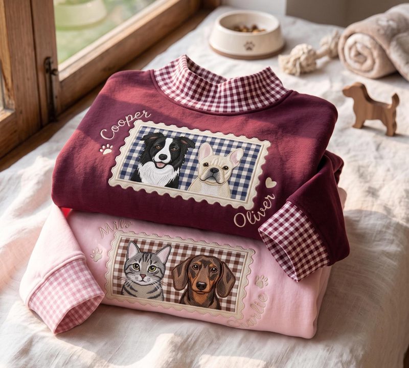 Embroidered Personalized Gingham Mock Neck Sweatshirt, Custom Pet Portrait and Name Applique, Embroidered Dog Lover Unisex Crewneck
