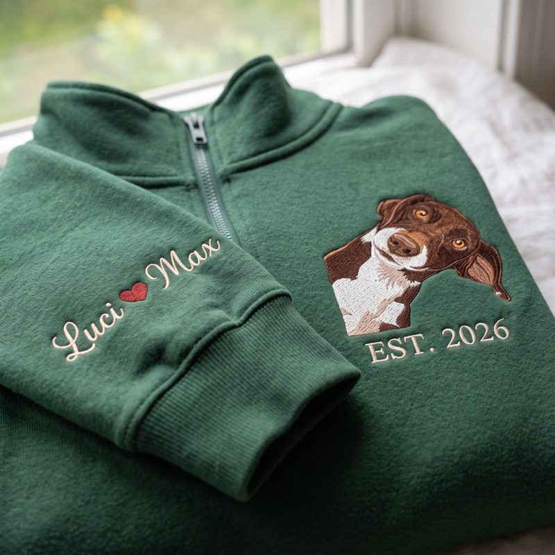 Embroidered Custom Pet Portrait Quaterzip, Personalized Cat Photo, Pet Portrait Shirt, Gift for Pet Lovers, Memorial Gift, Custom Dog Face