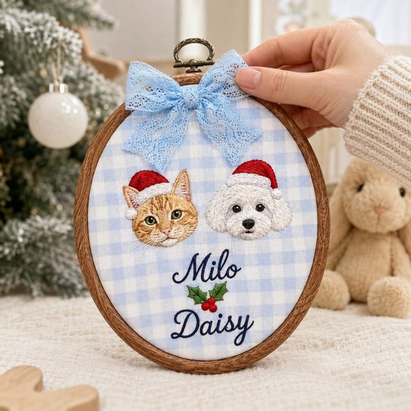 Embroidered Custom Pet Portrait Christmas Hoop, Personalized Dog First Christmas Ornament, Reindeer Pet Keepsake, Holiday Gift for Dog Lover