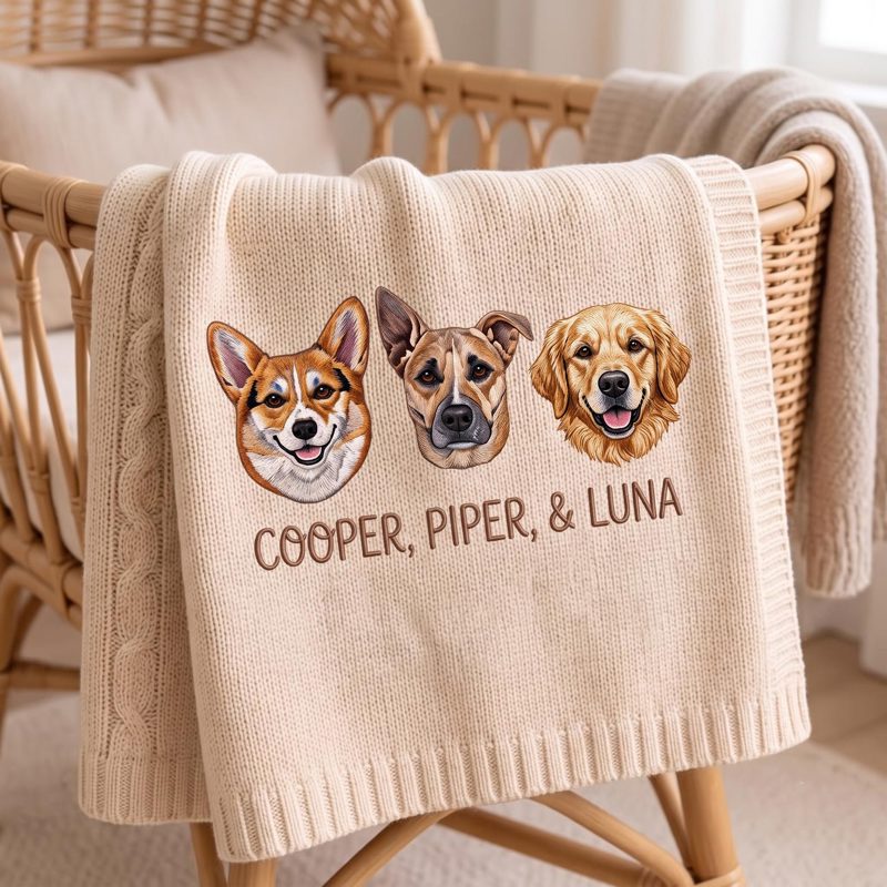 Custom Embroidered Pet Baby Blanket, Custom Dog Portrait Newborn Blanket, Baby and Fur Sibling Gift, Pet Name Nursery Keepsake