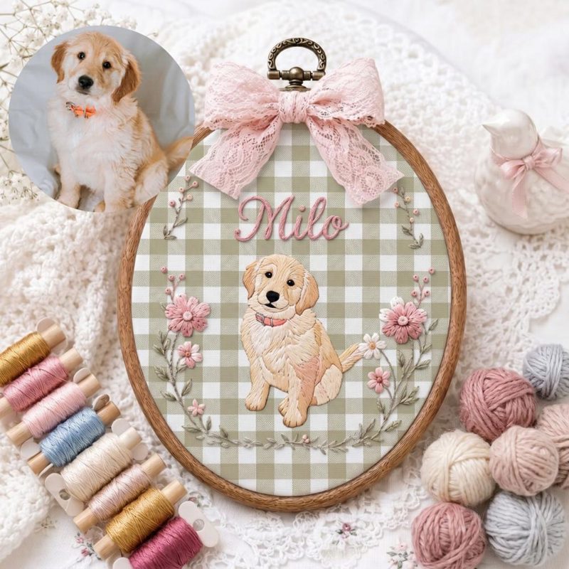 Custom Pet Face With Floral Embroidered Hoop, Pet Portrait Embroidered Wall Art, Pet Lover Memorial Gift, Pet Loss Sympathy Gift