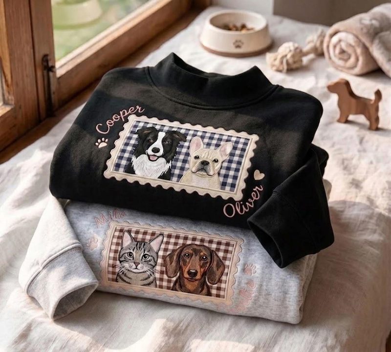 Custom Pet Applique Mock Neck Sweatshirt, Personalized Dog Portrait Sweater, Gingham Pet Photo Shirt, Pet Lover Gift