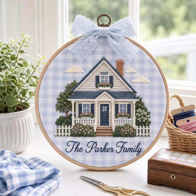Embroidered Custom House Portrait Hoop, New Home Keepsake Wall Decor, Personalized Family Name Sign from Photo, Housewarming Gift