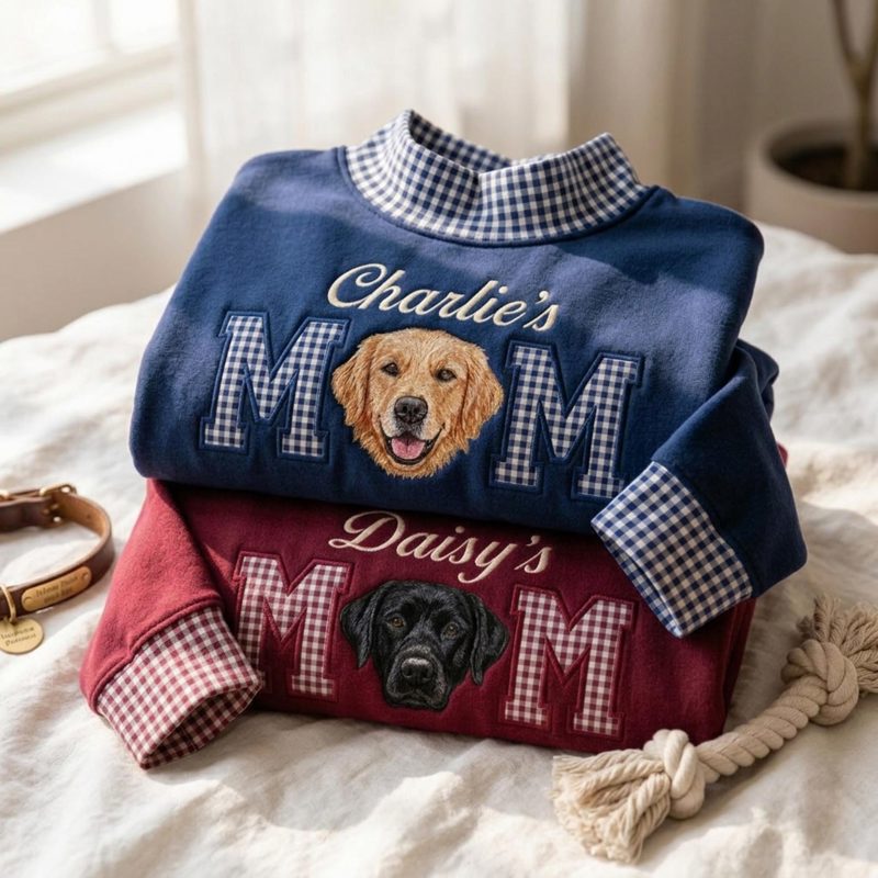 Personalized Pet Portrait Embroidered Mock Neck Sweatshirt, Custom Dog or Cat Photo Crewneck, Gingham Pet Applique Pullover, Pet Lover Gift