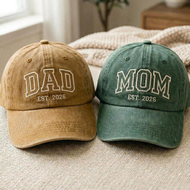 Custom Embroidered Mom Dad Est 2026 Washed Cotton Cap, Baby Announcement Baseball Hat