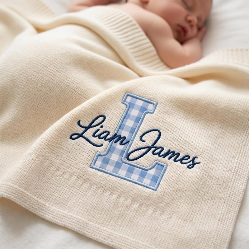 Embroidery Custom Patch Blanket, Unique Christmas/Shower/Birthday gift, Gingham Initial Baby Gift, Newborn Keepsake, Nursery Keepsake Gift