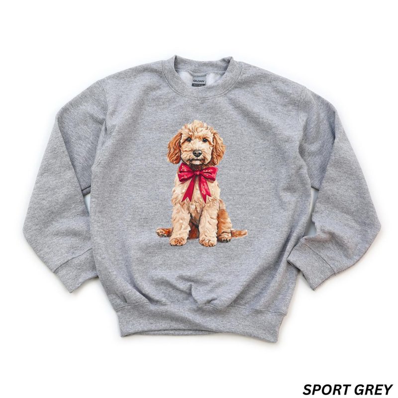 Kids Christmas Dog Sweatshirt, Goldendoodle Sweatshirt, Dog Lover Sweatshirt, Youth Christmas Shirt, Dog Lover Gift, Coquette Christmas