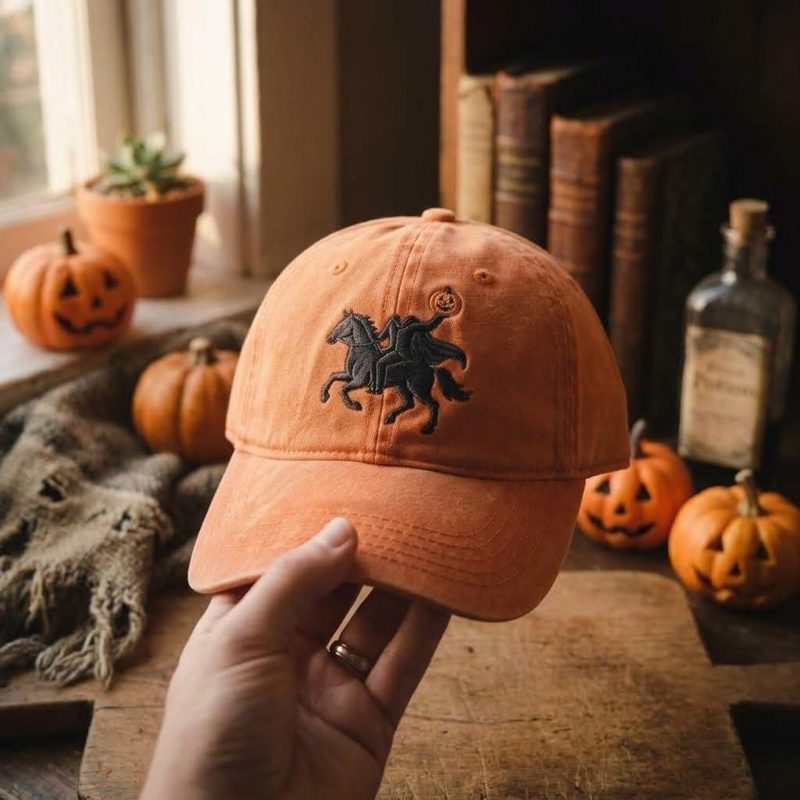 Embroidered Headless Horseman Washed Cap, Spooky Washed Hat, Gothic Halloween Dad Hat, Pumpkin Ghost Rider Design