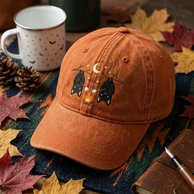 Embroidered Bat Camping Hat, Cute Campfire Dad Cap, Spooky Outdoor Baseball Hat, Cozy Halloween Gift Idea for Campers and Bat Lovers