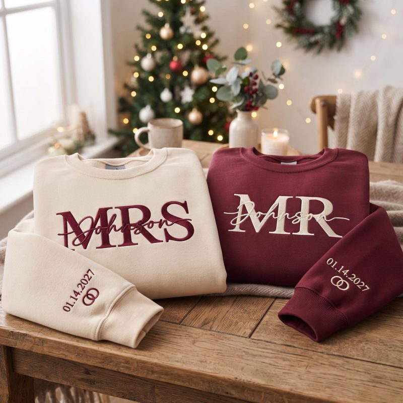 Embroidered Personalised Mr Mrs Matching Sweatshirts, Personalized Wedding Date Sweater, Bride Groom Sweatshirt, Couple Honeymoon Gift