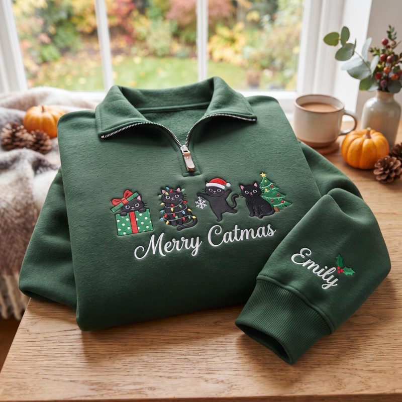 Embroidered Christmas Cat Quarter Zip Sweatshirt, Merry Catmas Shirt, Black Cat Christmas Sweater, Personalized Cat Lover Gift