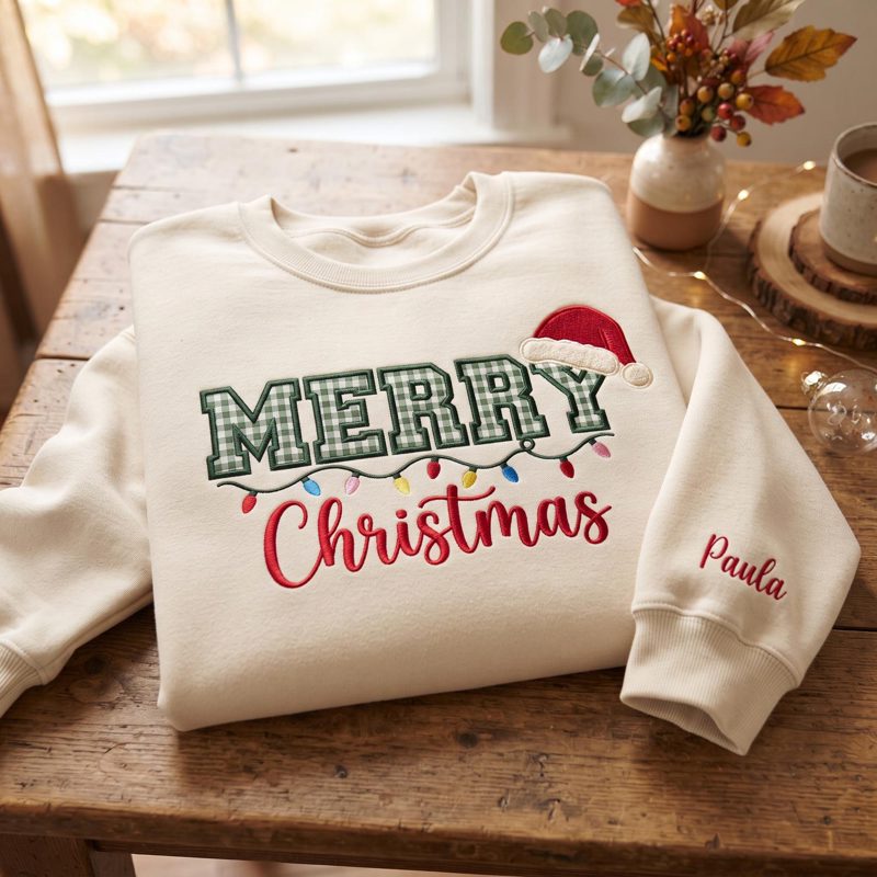 Embroidered Merry Christmas Gingham Applique Sweatshirt, Personalized Christmas Sweatshirt, Christmas Light Shirt, Christmas Gift