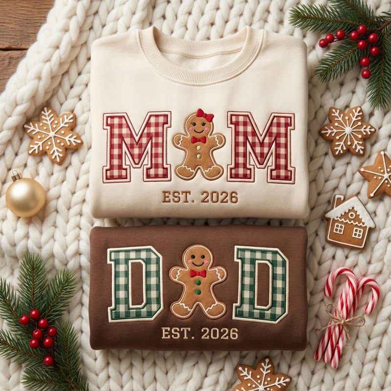 Embroidered Mom Dad Christmas Sweatshirt, Gingerbread Gingham Applique Crewneck, Matching Family Holiday Shirt, Christmas Gift
