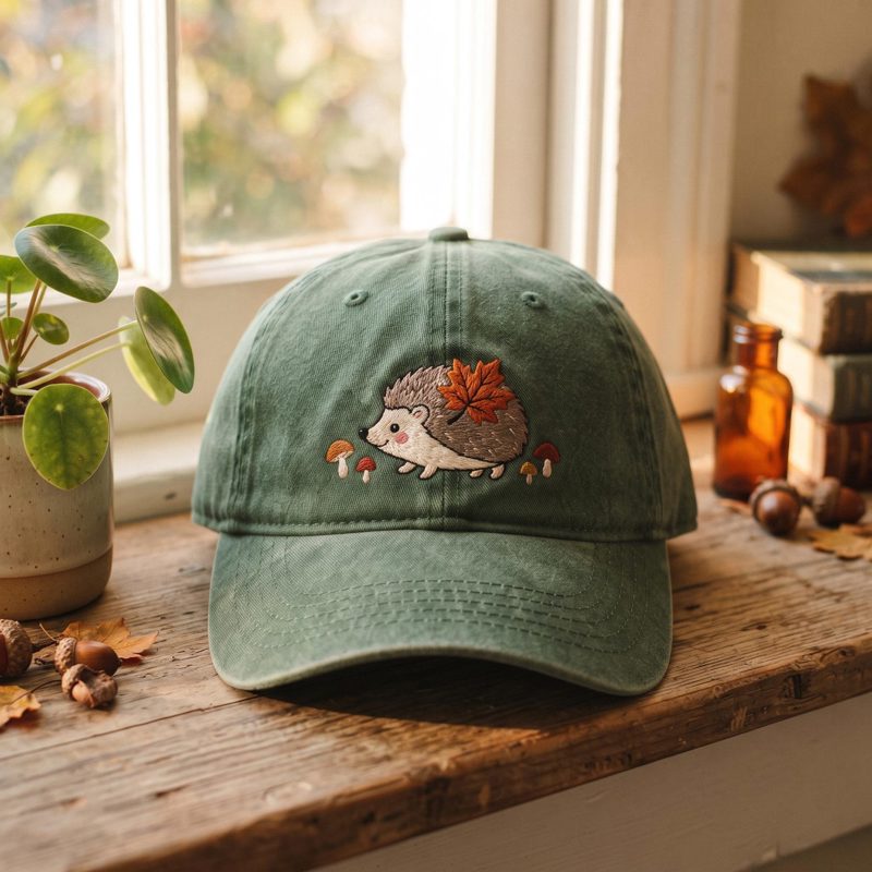 Embroidered Fall Hedgehog Washed Hat, Fall Dad Hat, Woodland Animal Hat, Vintage Hat Cottagecore, Nature Lover Gift