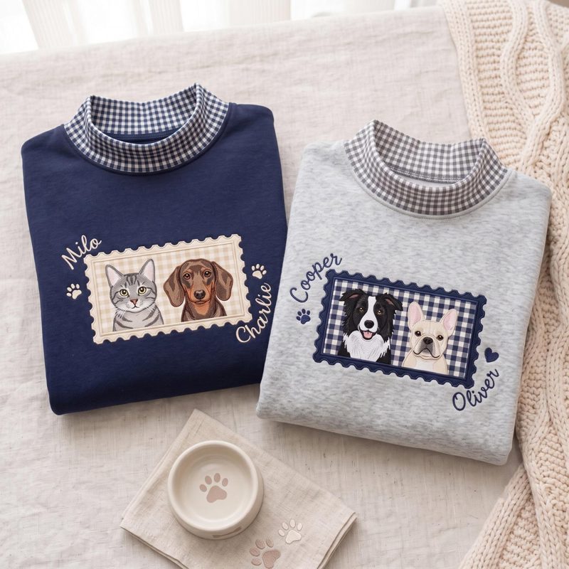 Custom Pet Portrait Gingham Mock Neck Sweatshirt, Custom Dog Name Applique Shirt, Custom Dog Face Photo Shirt, Pet Lover Gift