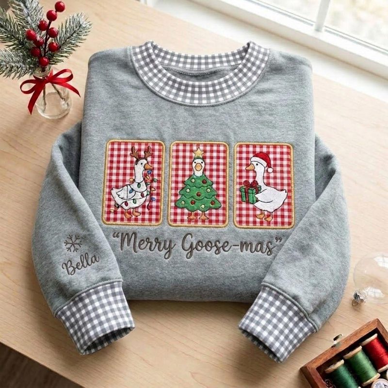 Merry Goosemas Applique Gingham Mock Neck Sweatshirt, Christmas Goose Crewneck, Personalized Holiday Goose Shirt, Festive Winter Gift