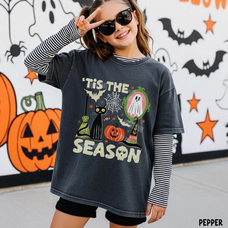 Kids Tis the Season Halloween Shirt, Retro Halloween Comfort Colors® Shirt For Kids, Youth Halloween TShirt, Girls Tee, Kids Ghost Shirt