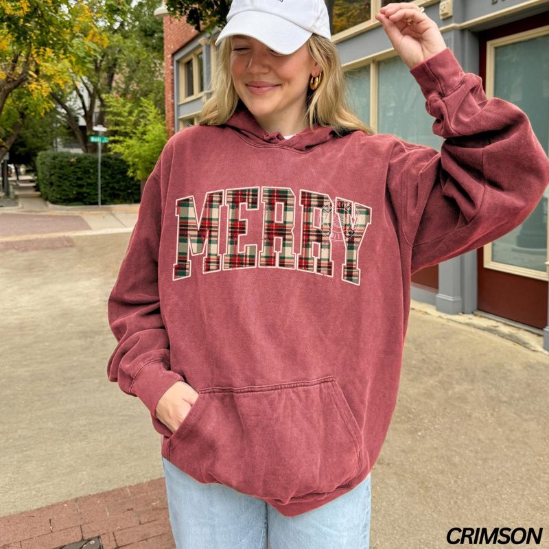 Comfort Colors® Christmas Hoodie, Plaid Merry Christmas Hoodie, Holiday Hoodie, Christmas Gift, Festive Holiday Sweatshirt, Preppy Christmas