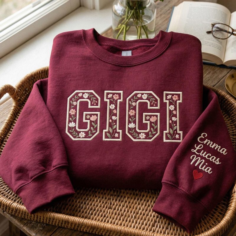 Embroidered Gigi Floral Sweatshirt, Personalized Grandma Mama Shirt, Custom Names Tee