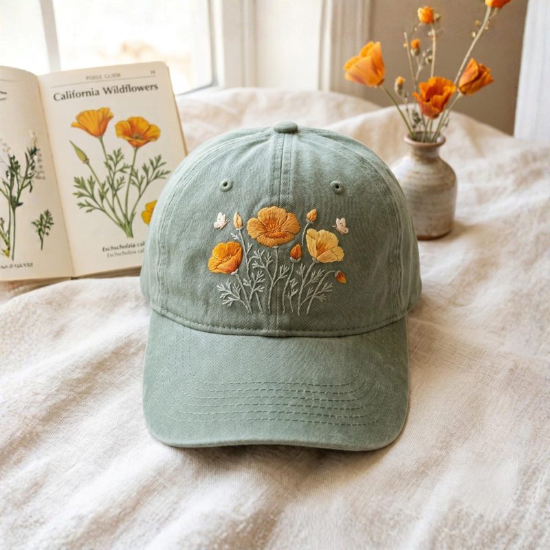 Embroidered California Poppy Hat, Hats for Mom, Gift For Nature Lovers
