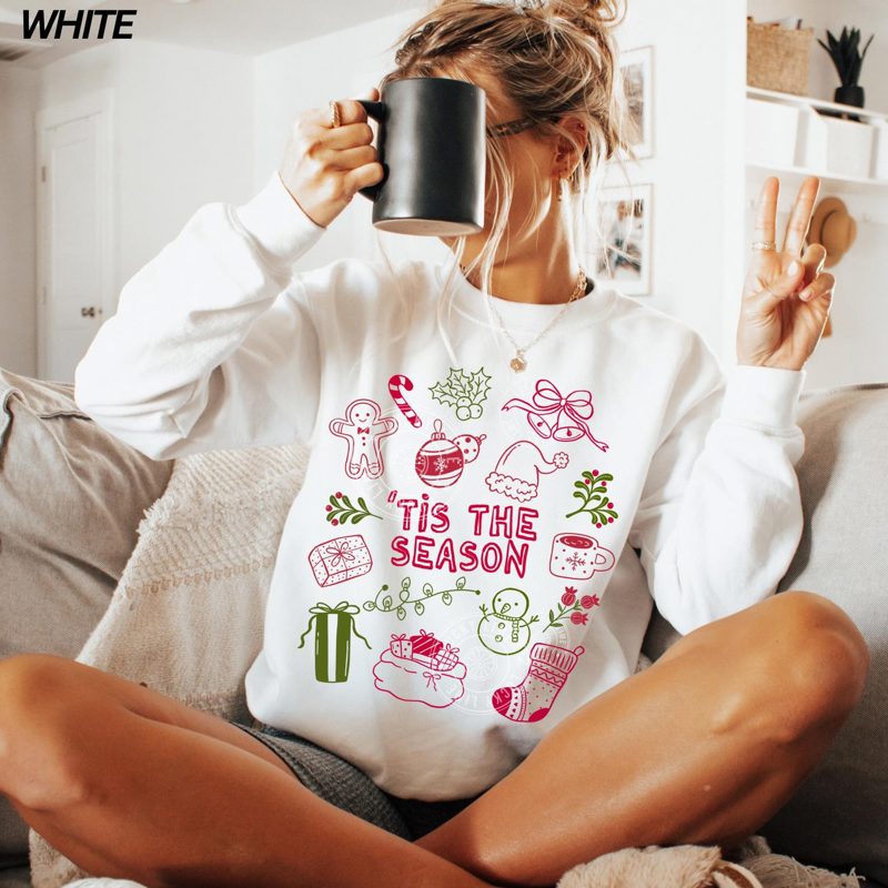 Retro Christmas Sweatshirt, Tis the Season Sweatshirt, Christmas Doodles Sweater, Santa Sweatshirt, Merry Sweatshirt, Womens Christmas Shirt